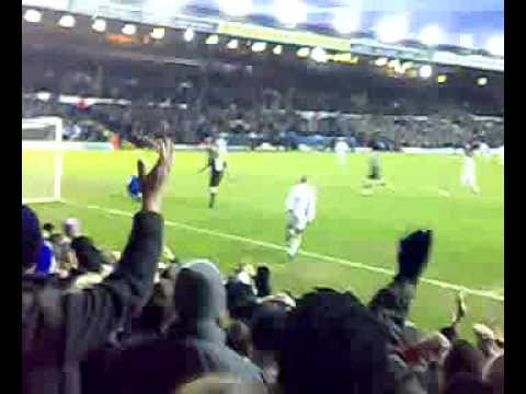 Jermaine Beckford hits the crossbar for Leeds