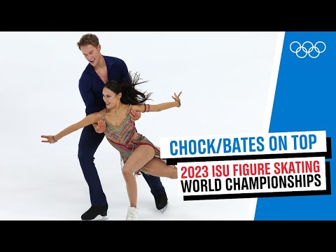 Madison Chock & Evan Bates after winning Ice Dance Rhythm Dance at the World Championships 2023