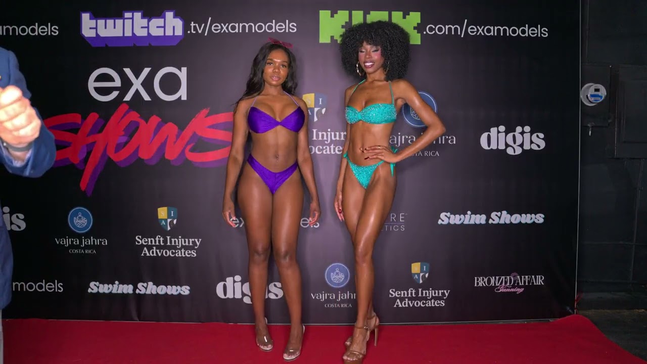 Models Joanna and Alexandra pose at Exa Shows Art Basel Miami on the red carpet