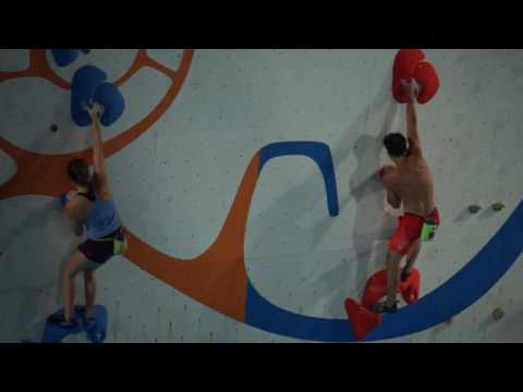Allison Vest & Josh Larson climb during the Seeding Rounds of the 2017 Psicobloc Masters Series