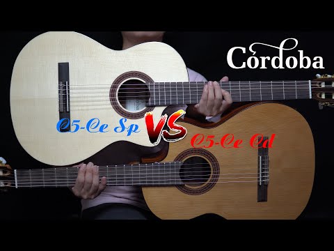Compare the sound between Cordoba C5CE SP vs C5CE CD Guitar, what is the difference?