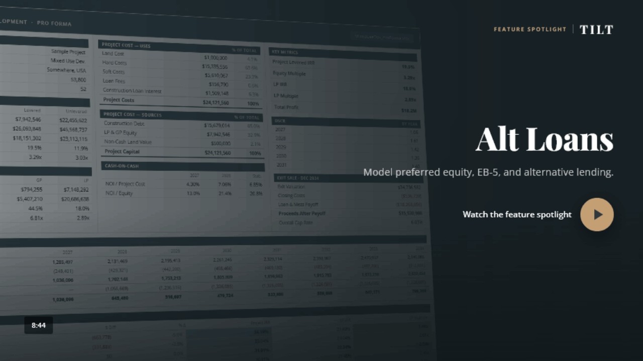 TILT Development Model Alt Loans feature walkthrough showing alternative lending inputs and cash flow analysis