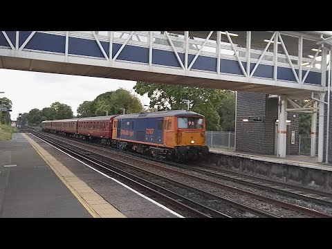 London Transport 4-TC 8028 t&t'd by GBRf's 73107 & 73201 "Broadlands", at West Byfleet on 11/08/2019