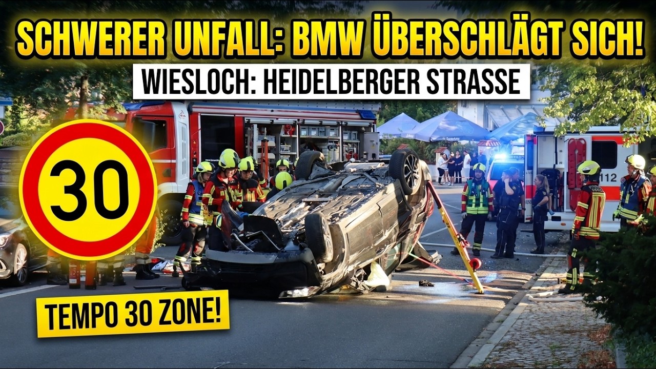 Schwerer Unfall in 30er-Zone: BMW überschlägt sich in Wiesloch - Feuerwehr befreit Fahrer