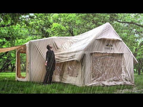 COZY CAMPING IN HEAVY RAIN,  WITH NEW INFLATABLE TENT