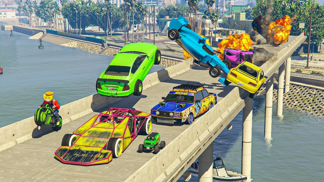 CARA A CARA CON COCHES ALEATORIOS Y EL ÚLTIMO EXPLOTA! PUENTE PELIGROSO!! - GTA 5 ONLINE