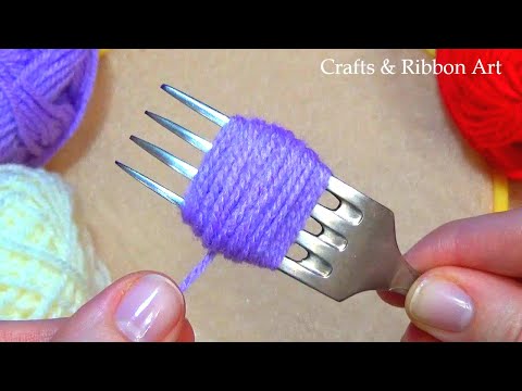Super Easy Flower Craft Ideas with Wool - Hand Embroidery Amazing Trick with Fork -DIY Woolen Flower