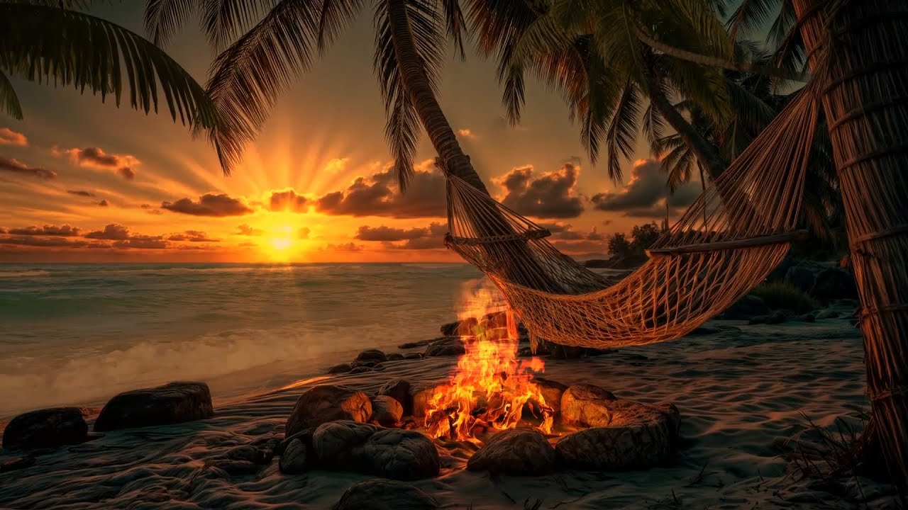( NO ADS) Sunset Serenity by the Palm Shore 🌅🔥 | Ocean Waves & Crackling Fire Ambience