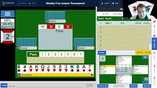 BBO Weekly Free Instant Tournament. Overall 65%. 1st place. Bridge Teacher Mark Nehs