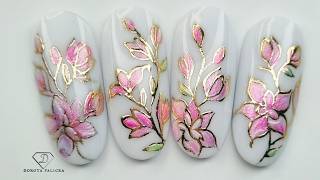 Magnolia flowers nail art. Beginners friendly spring nail art design with chrome 