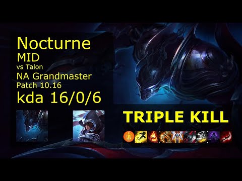 Nocturne Mid vs Talon - NA Grandmaster 16/0/6 Patch 10.16 Gameplay