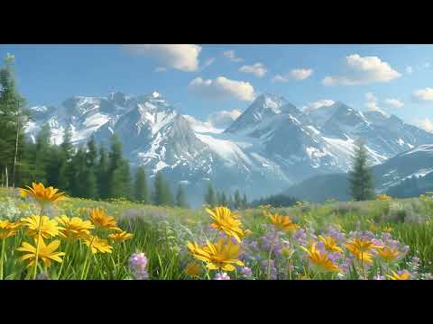 Relaxing Mountain View with Birds Singing Ambient Nature Sounds Wildflowers Spring Meadow 2K 8 Hours