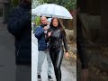 Leather Babe In Leather Jacket And Leather Leggings With Umbrella