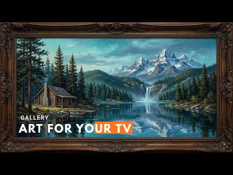 Mountain Lake Cabin with Waterfall Reflection 4K | Framed Art TV