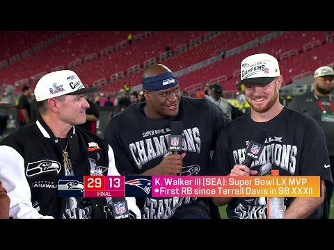 Sam Darnold, Kenneth Walker III and Mike MacDonald react to super bowl win