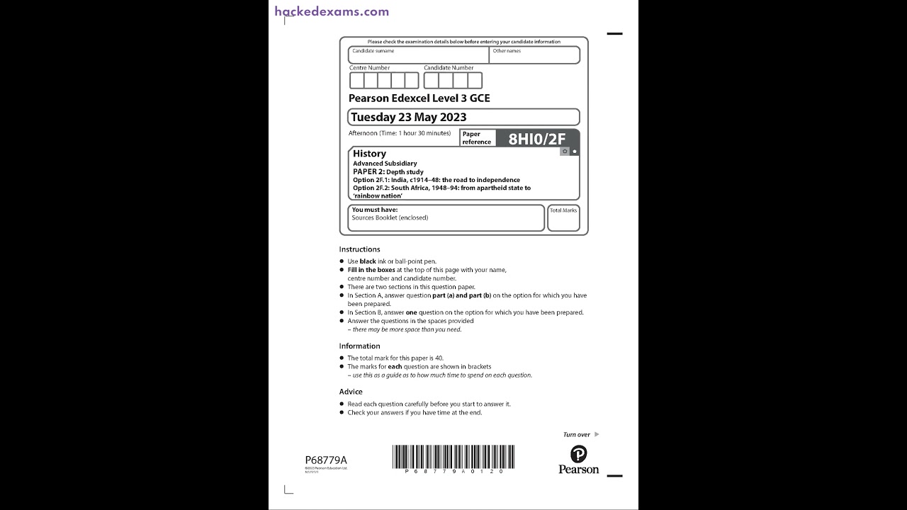 Pearson EDEXCEL As History Paper 2 2023 8hi0 2f Depth Study Option 2f1 India C1914 48 The Road