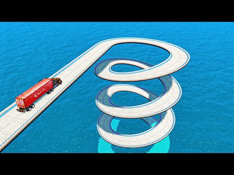 Impossible Spiral Bridge Crossing Stunt Cars Vs Cliff and Deep Water - BeamNG.Drive