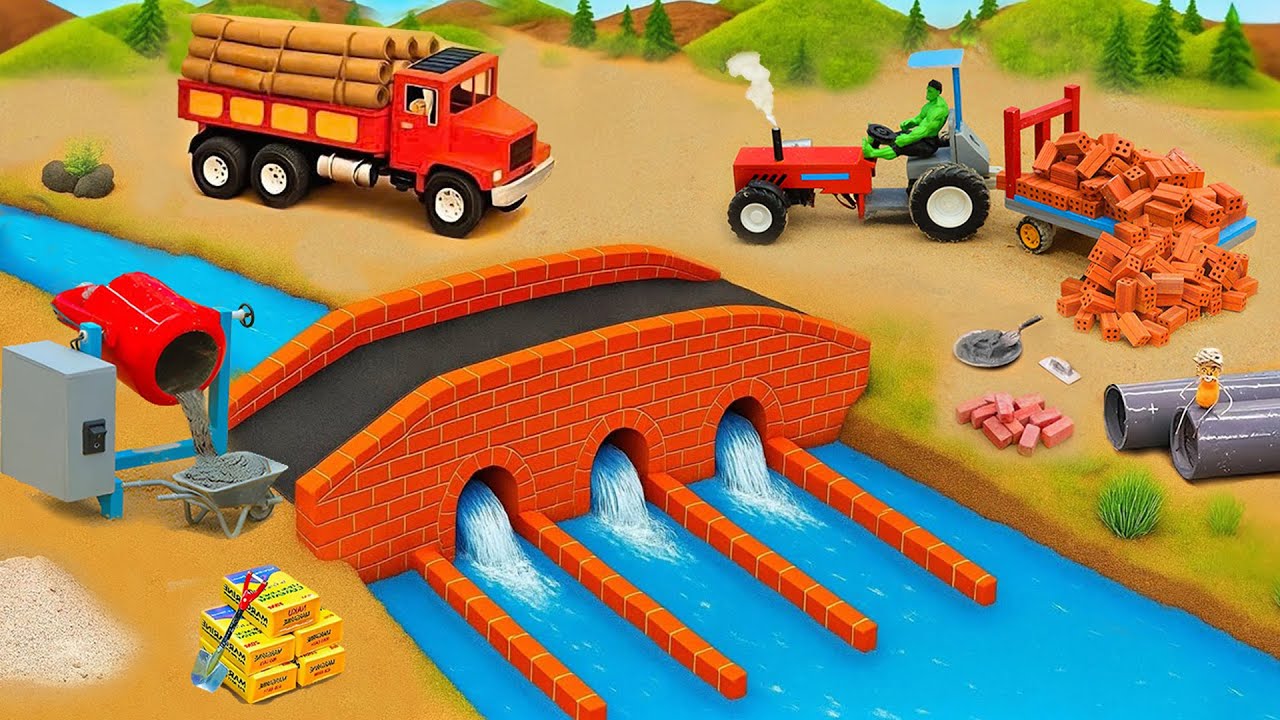 DIY Mini Truck Builds Brick & Concrete Railing Bridge | Fun Construction Science Project