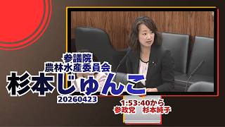 1:53:40から参政党【杉本じゅんこ】【杉本純子】🍊参議院農林水産委員会🍊20260423　#参政党 #杉本じゅんこ