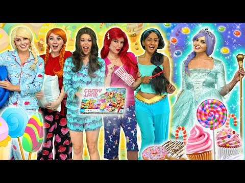 DISNEY PRINCESS PAJAMA PARTY. (Candyland Frozen Elsa and Anna, Belle, Ariel, Jasmine and Maleficent)