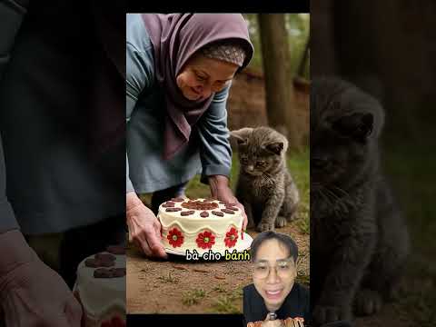Bà cho mèo ăn bánh