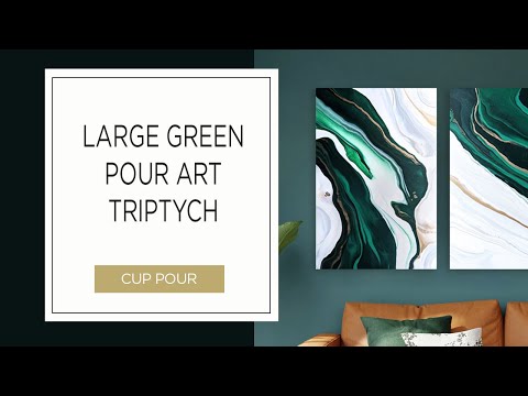 Large green acrylic pour art triptych | Big canvas gemstone inspired fluid art