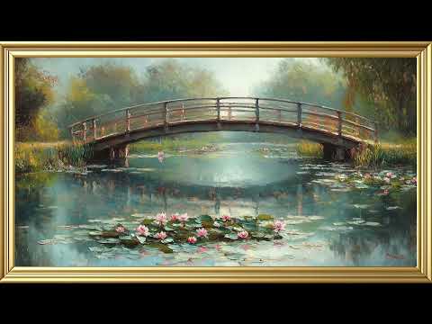 Misty Bridge Over Lily Pond Oil Painting | 4K Vintage Wallpaper Art Screensaver | Vintage Frames