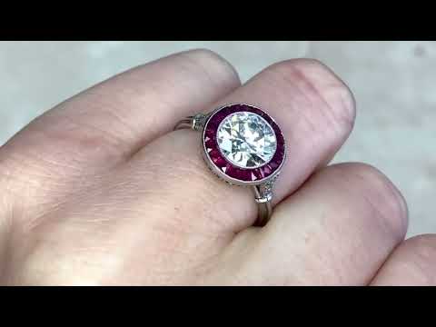 1.59ct Diamond & Natural French Cut Ruby Halo Platinum Engagement Ring - Plano Ring - Hand Video