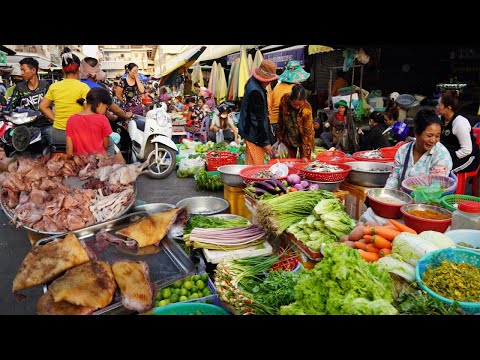 Chbar Ampov Evening Street Market Scene - Daily Lifestyle of Vendors Selling Some Food in Evening
