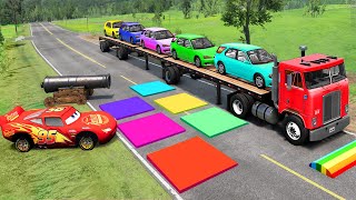 Flatbed Truck McQueen | Transportation with Truck - Pothole vs Car #114 | BeamNG.Drive Gameplay