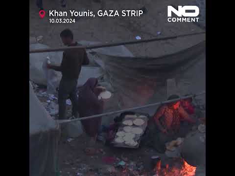 Displaced Palestinians living in Mawasi camp decorate their tents for Ramadan