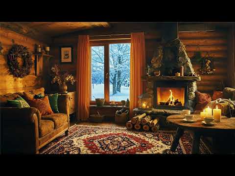 Cozy Winter Ambience with Peaceful Music, Warm Fireplace & Falling Snow