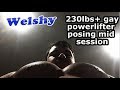 230+lb powerlifter pumped up mid session posing