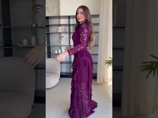 فستان سهرة طويل دانتيل درابية ماسك على الجسم باكمام شفافة