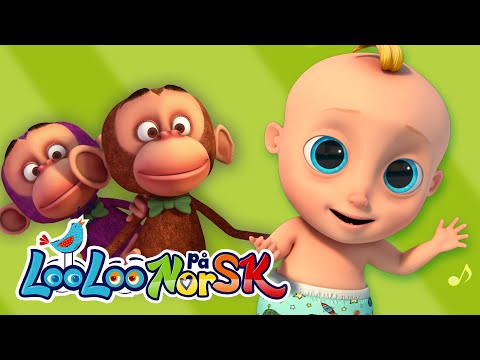 Fem små apekatter hoppet i en seng  | LooLoo Barnesanger på Norsk