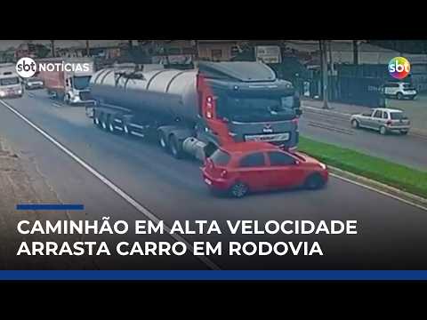 Caminhão arrasta carro por vários metros em rodovia no Rio Grande do Sul | #SBTNotícias