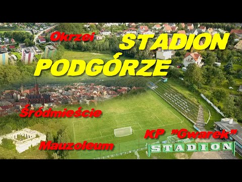 Poznaj Wałbrzych - Podgórze Stadion KP Gwarek, panorama z lotu ptaka. Śródmieście, Mauzoleum