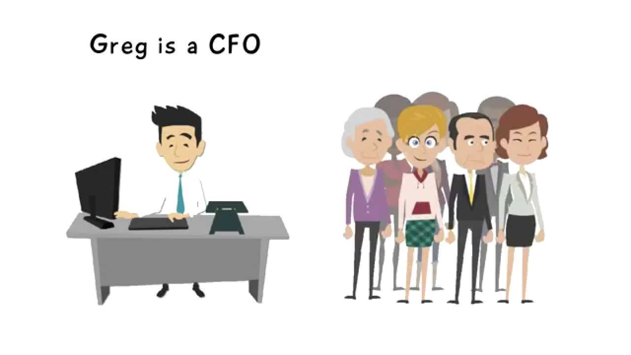 Cartoonified businessman sitting a desk with a group of employees to the side