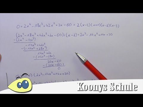 Nullstellen von f(x) = 2x⁴ - 18x³ + 42x²+ 2x - 60 bestimmen, 2 mal Polynomdivision anwenden