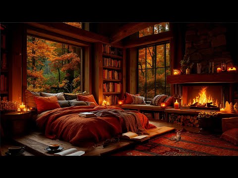 Rainy Night Retreat 🔥🍂 Cozy Bedroom with Cat and Fireplace Autumn
