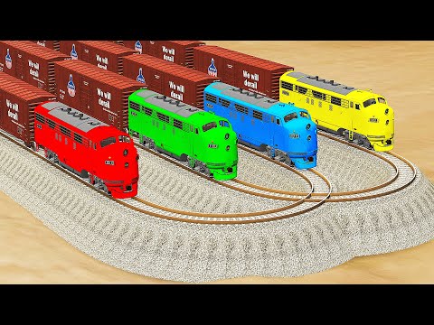 Four Trains vs Impossible Mistake Double U Turn Rail Track Crossing - BeamNG.Drive