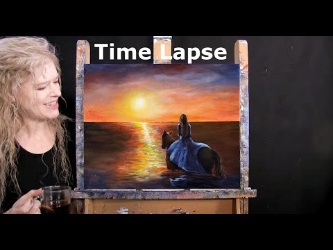 TIME LAPSE - Learn How to Paint HORSEBACK OCEAN SUNSET with Acrylic - Landscape Animal Step by Step