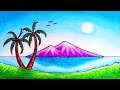 Super Easy Nature Scenery Drawing | How to Draw Simple Scenery of Mountain and Seabeach Step by Step