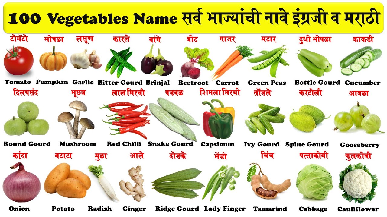 100 vegetables name in english and marathi with pictures and pdf | 100 भाज्यांची नावे |