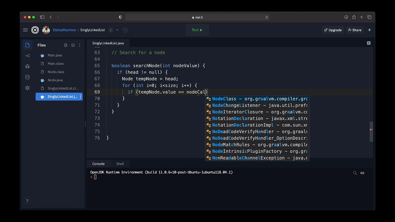 Search for A Node in Linked List using Java