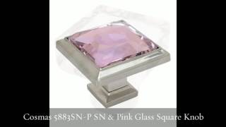 Cosmas Satin Nickel & Pink Glass Square Cabinet Knobs