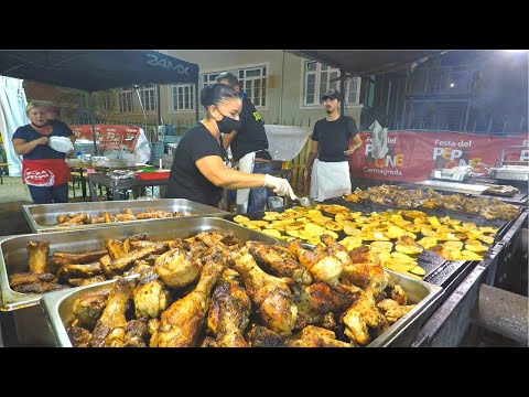 Italy Street Food. Raclette Melted Cheese, Grills Full of Mixed Meat, Huge Churros and More Food