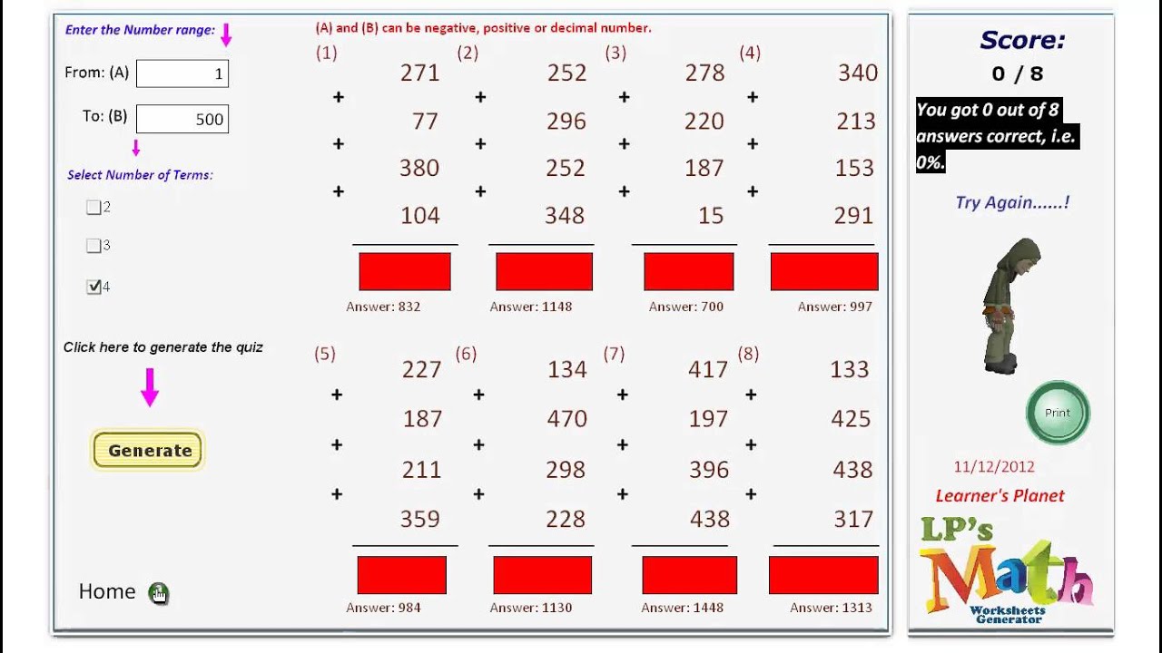 Addition worksheet generator