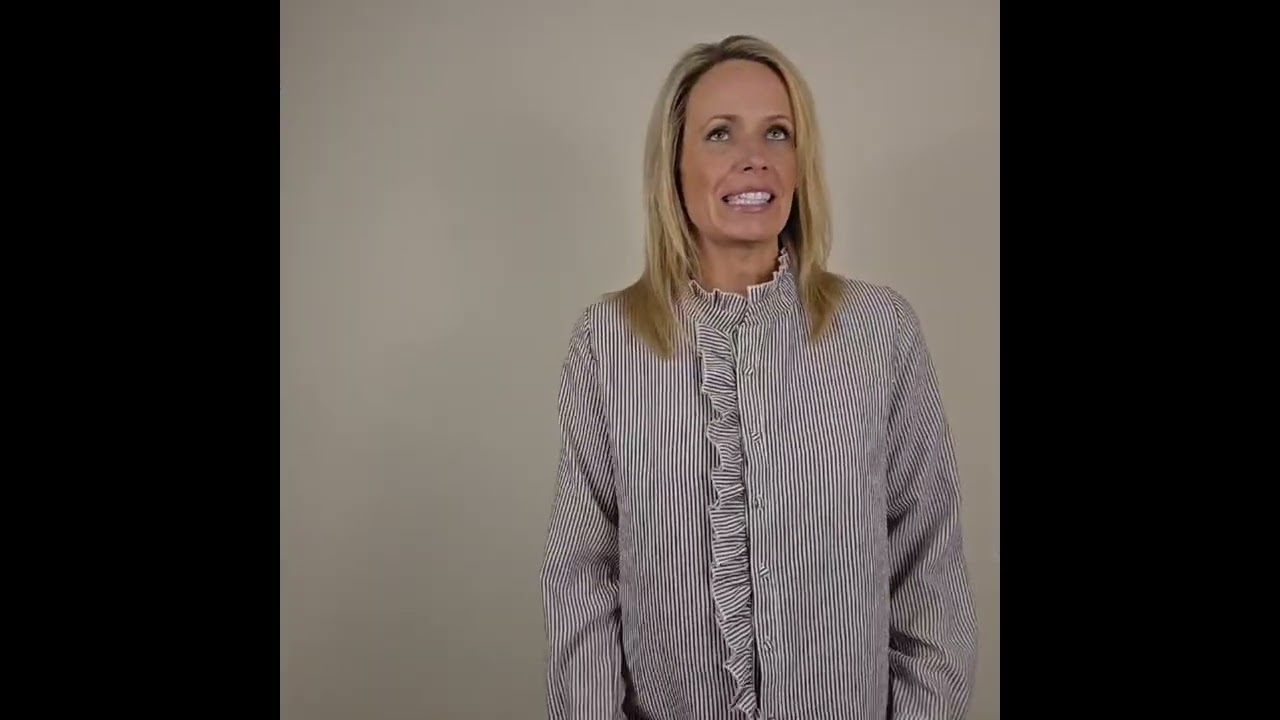 Women's Ruffle Trim Button Up Long Sleeve Blouse Top Striped Stand Collar Elegant Work Shirt