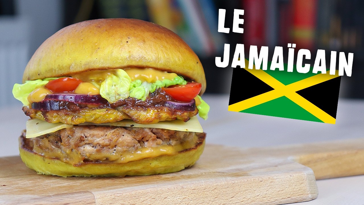 BURGER JAMAÏCAIN 🇯🇲 (Pain Banane Plantain, Poulet JERK, Ketchup de Mangue)